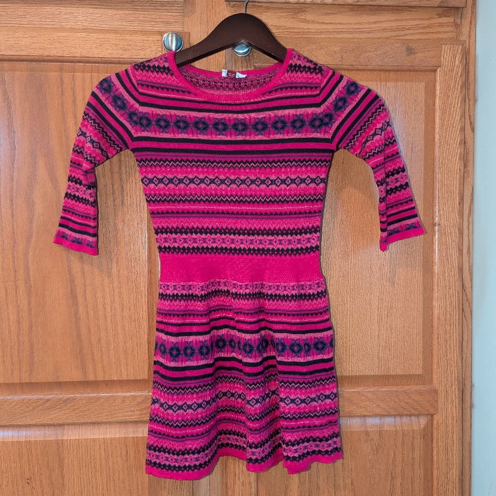 Girl’s Youth L.E.I. LS Sweater Dress Pink Black Geometric Stripes Size 6/6X S 